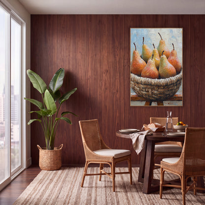 Rustic Pear Basket Boho wall art in a warm boho-style room – six ripe orange and green pears in a woven basket