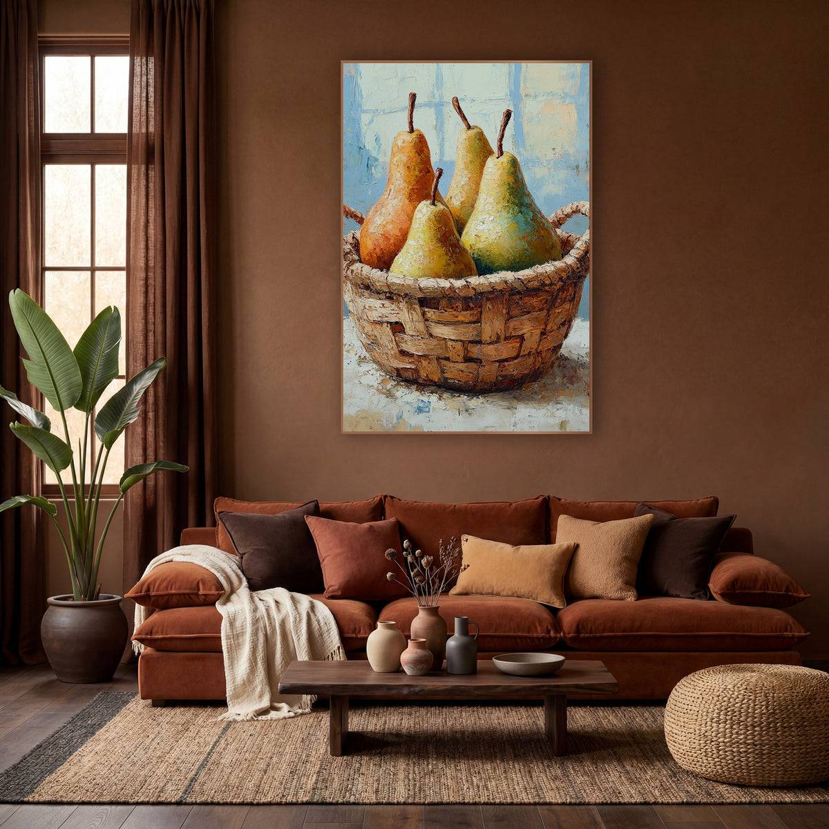 Four Pears Handled Basket Painterly wall art in a warm boho-style room – four golden, orange and green pears