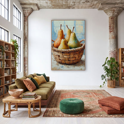 Four Pears Handled Basket Painterly wall art in a warm boho-style room – four golden, orange and green pears