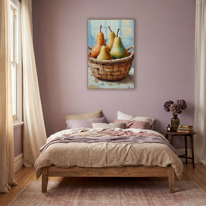 Four Pears Handled Basket Painterly wall art in a warm boho-style room – four golden, orange and green pears