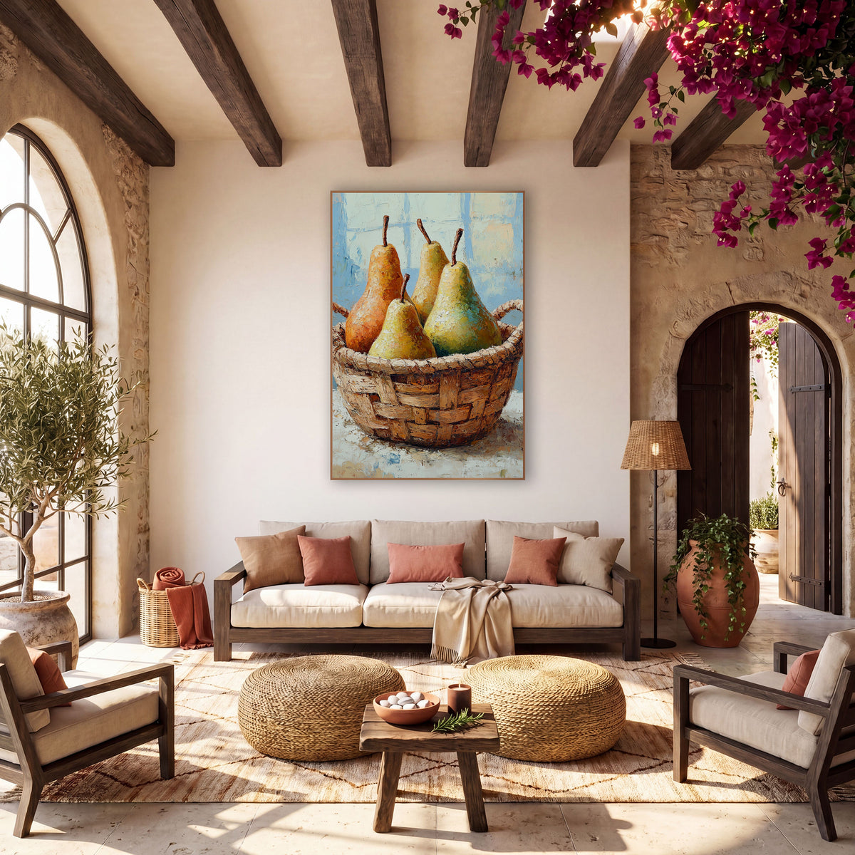 Four Pears Handled Basket Painterly wall art in a warm boho-style room – four golden, orange and green pears