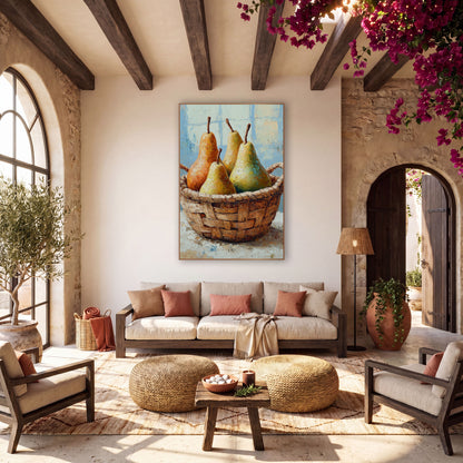 Four Pears Handled Basket Painterly wall art in a warm boho-style room – four golden, orange and green pears