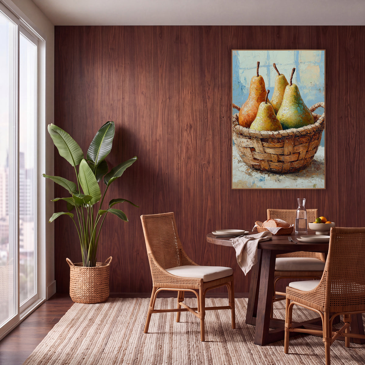 Four Pears Handled Basket Painterly wall art in a warm boho-style room – four golden, orange and green pears
