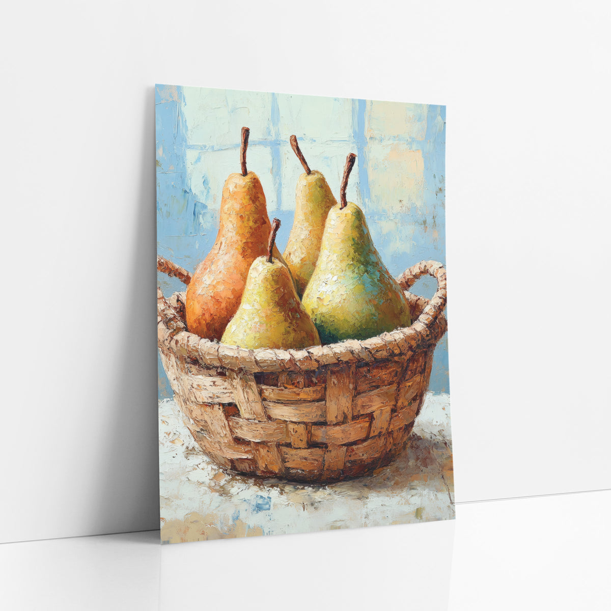 Four Pears Handled Basket Painterly art print leaning against a white wall – four golden, orange and green pears in a woven