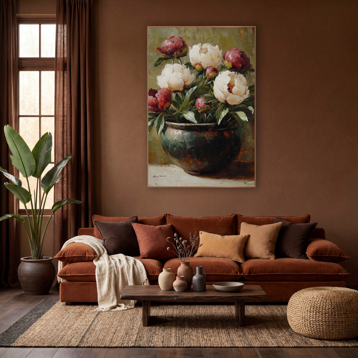 Burgundy Cream Peonies Patina Oil wall art in a warm boho-style room – cream and burgundy peonies in a dark glazed
