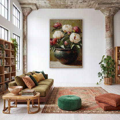 Burgundy Cream Peonies Patina Oil wall art in a warm boho-style room – cream and burgundy peonies in a dark glazed