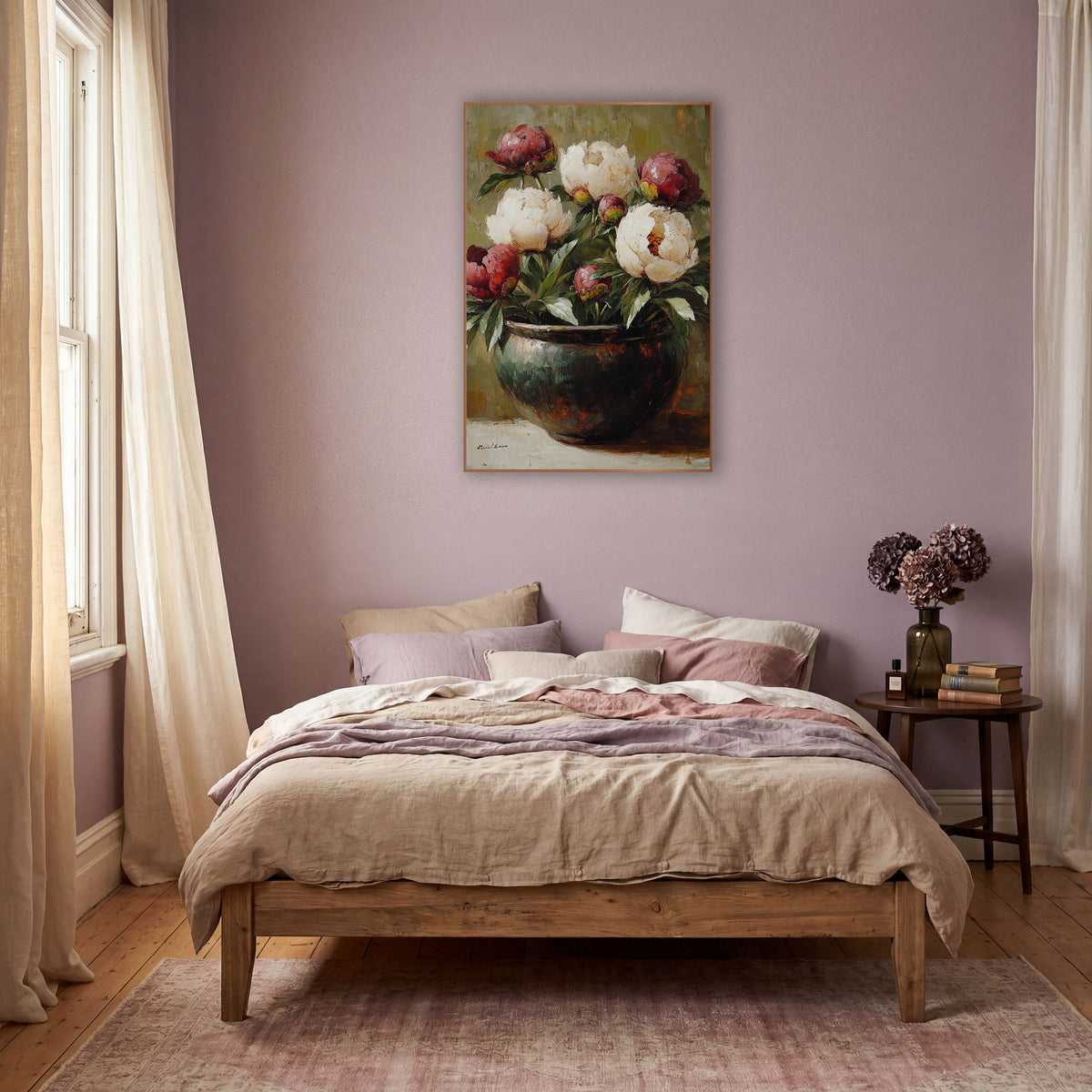 Burgundy Cream Peonies Patina Oil wall art in a warm boho-style room – cream and burgundy peonies in a dark glazed