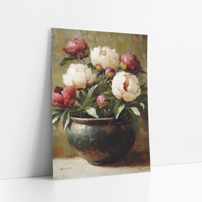 Burgundy Cream Peonies Patina Oil art print leaning against a white wall – cream and burgundy peonies in a dark glazed bowl