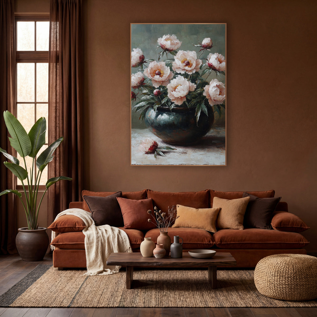 Blush Peonies Sage Boho wall art in a warm boho-style room – blush pink peonies and red buds in a dark glazed bowl