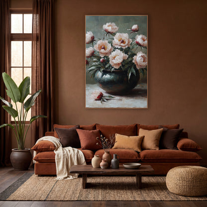 Blush Peonies Sage Boho wall art in a warm boho-style room – blush pink peonies and red buds in a dark glazed bowl