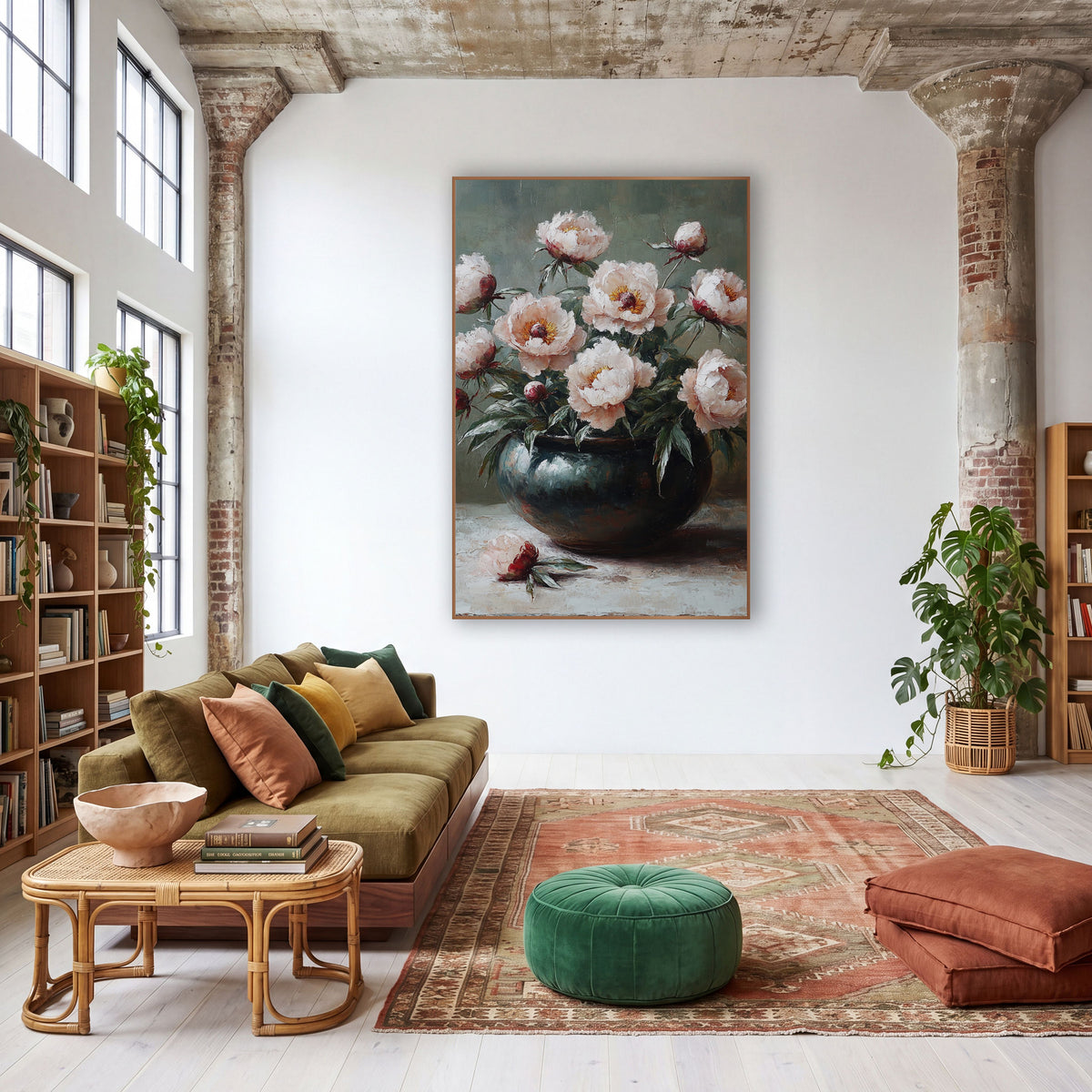 Blush Peonies Sage Boho wall art in a warm boho-style room – blush pink peonies and red buds in a dark glazed bowl