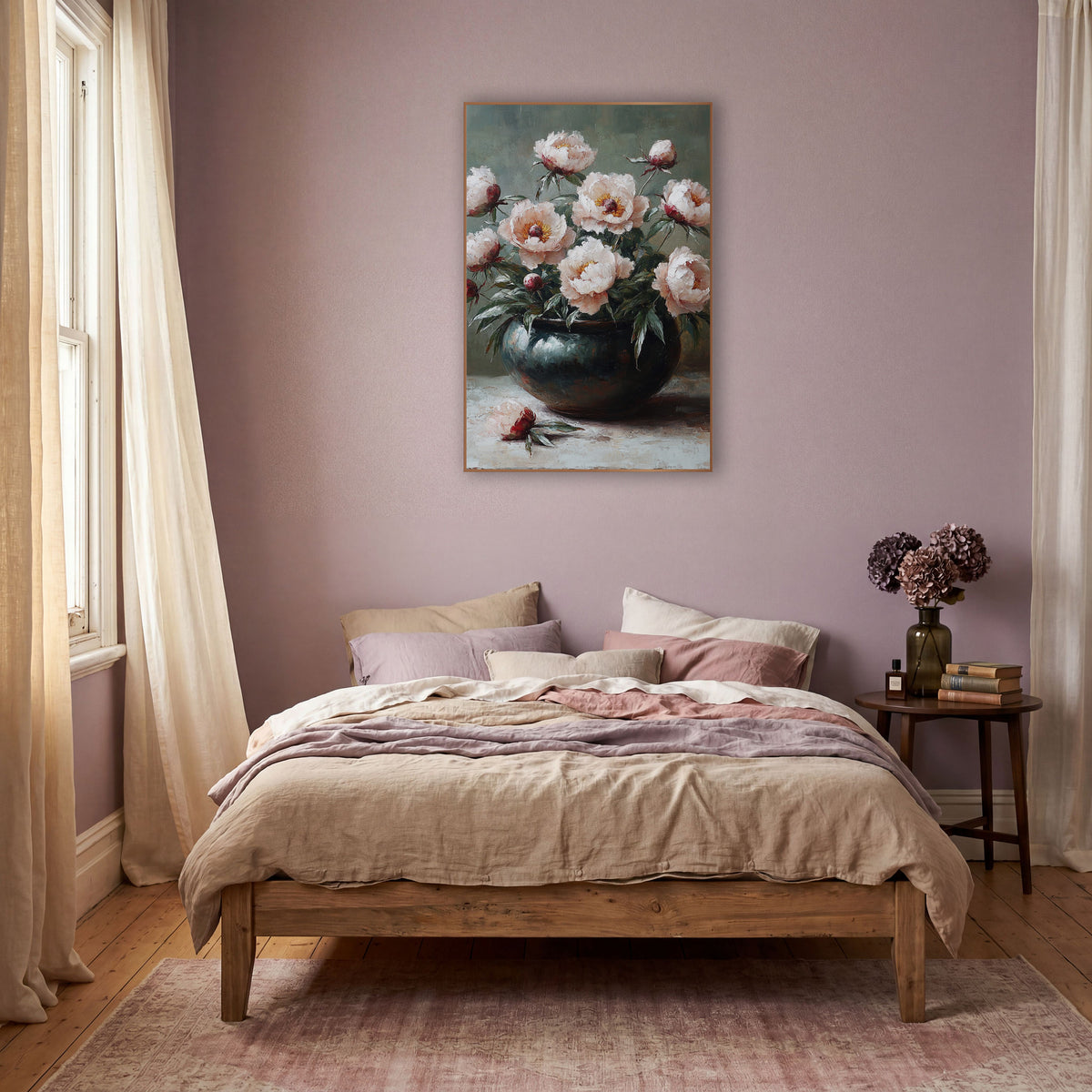 Blush Peonies Sage Boho wall art in a warm boho-style room – blush pink peonies and red buds in a dark glazed bowl