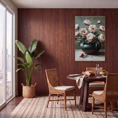 Blush Peonies Sage Boho wall art in a warm boho-style room – blush pink peonies and red buds in a dark glazed bowl