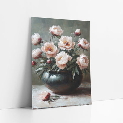 Blush Peonies Sage Boho art print leaning against a white wall – blush pink peonies and red buds in a dark glazed bowl