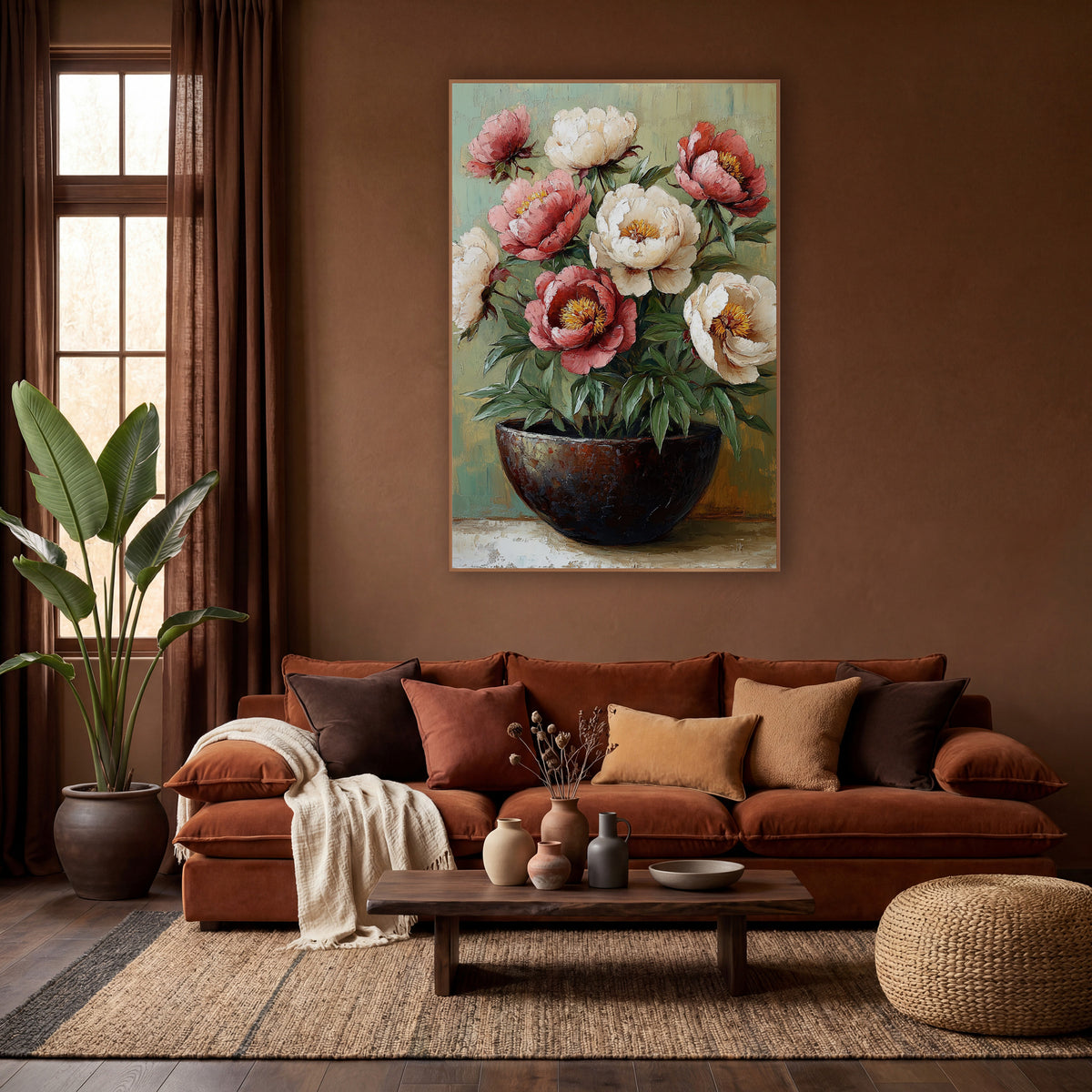 Blush Peonies Dark Bowl Boho wall art in a warm boho-style room – rose-pink and cream peonies with golden centers