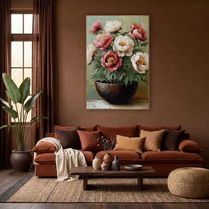 Blush Peonies Dark Bowl Boho wall art in a warm boho-style room – rose-pink and cream peonies with golden centers