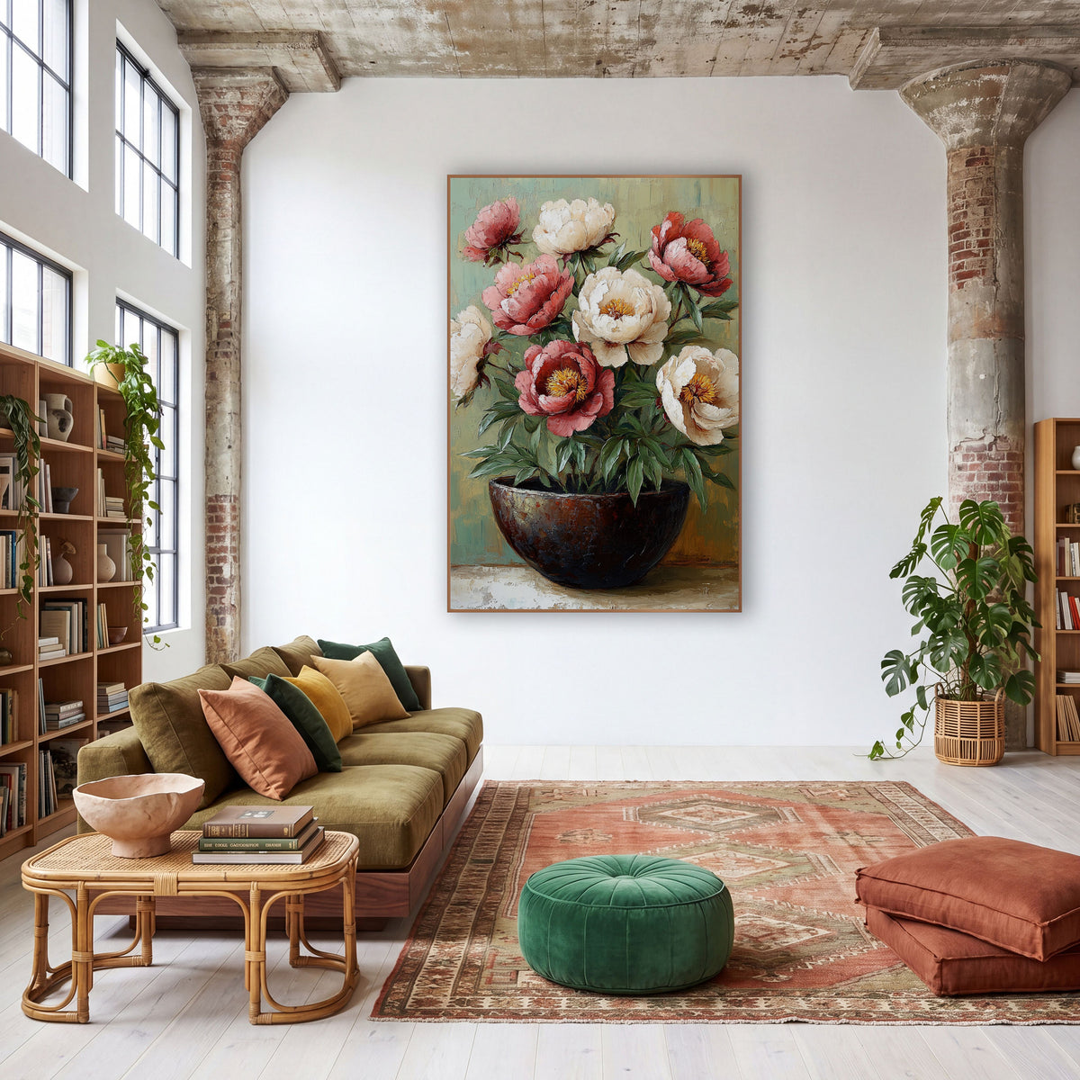 Blush Peonies Dark Bowl Boho wall art in a warm boho-style room – rose-pink and cream peonies with golden centers