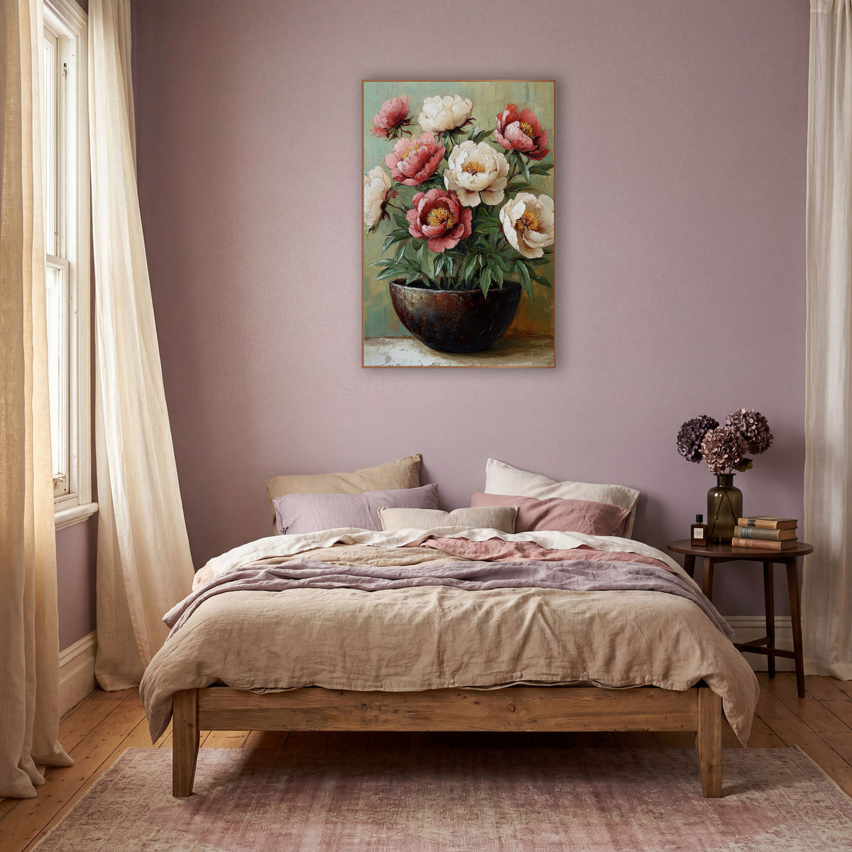 Blush Peonies Dark Bowl Boho wall art in a warm boho-style room – rose-pink and cream peonies with golden centers