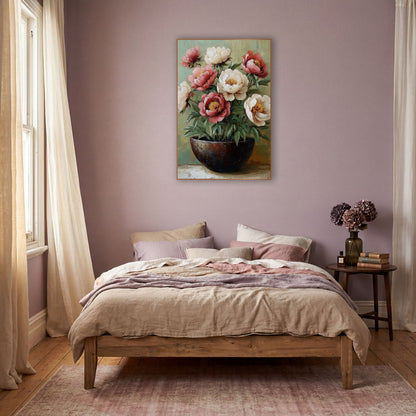 Blush Peonies Dark Bowl Boho wall art in a warm boho-style room – rose-pink and cream peonies with golden centers