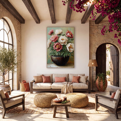 Blush Peonies Dark Bowl Boho wall art in a warm boho-style room – rose-pink and cream peonies with golden centers