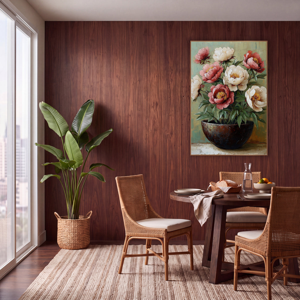 Blush Peonies Dark Bowl Boho wall art in a warm boho-style room – rose-pink and cream peonies with golden centers