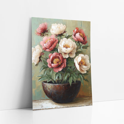 Blush Peonies Dark Bowl Boho art print leaning against a white wall – rose-pink and cream peonies with golden centers