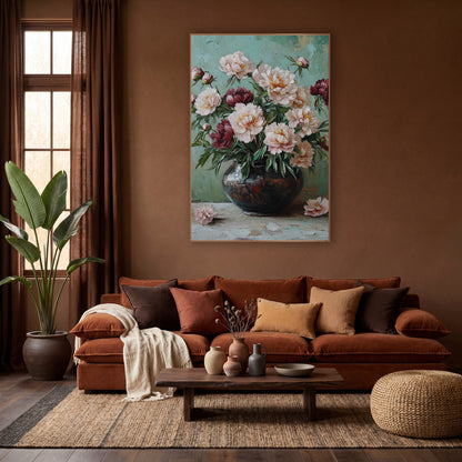 Blush and Burgundy Peony Still Life wall art in a warm boho-style room – blush pink and burgundy peonies in a dark