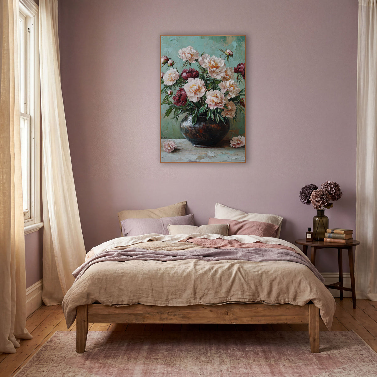 Blush and Burgundy Peony Still Life wall art in a warm boho-style room – blush pink and burgundy peonies in a dark
