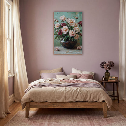 Blush and Burgundy Peony Still Life wall art in a warm boho-style room – blush pink and burgundy peonies in a dark