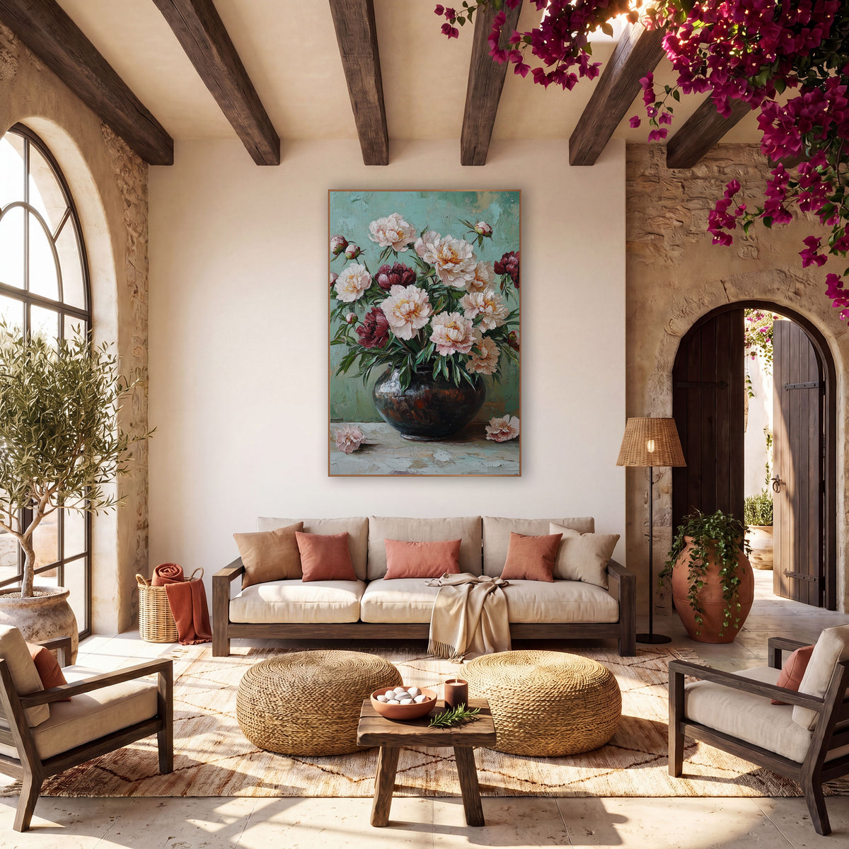Blush and Burgundy Peony Still Life wall art in a warm boho-style room – blush pink and burgundy peonies in a dark