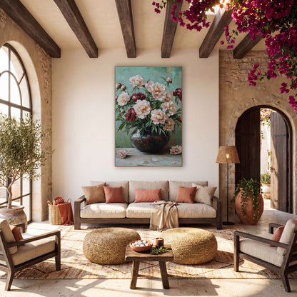 Blush and Burgundy Peony Still Life wall art in a warm boho-style room – blush pink and burgundy peonies in a dark