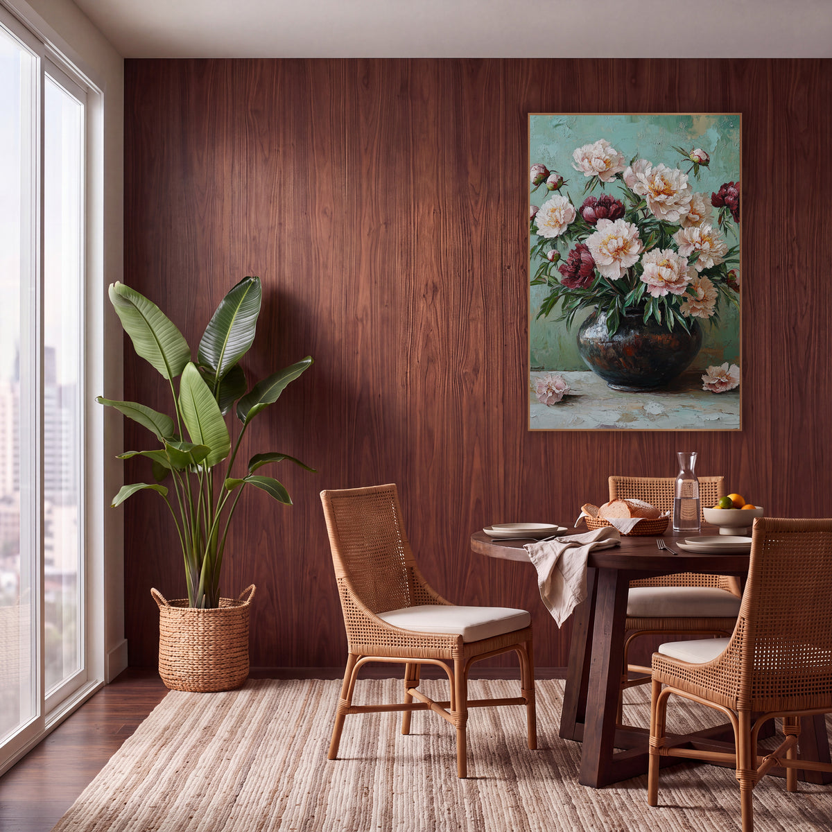 Blush and Burgundy Peony Still Life wall art in a warm boho-style room – blush pink and burgundy peonies in a dark
