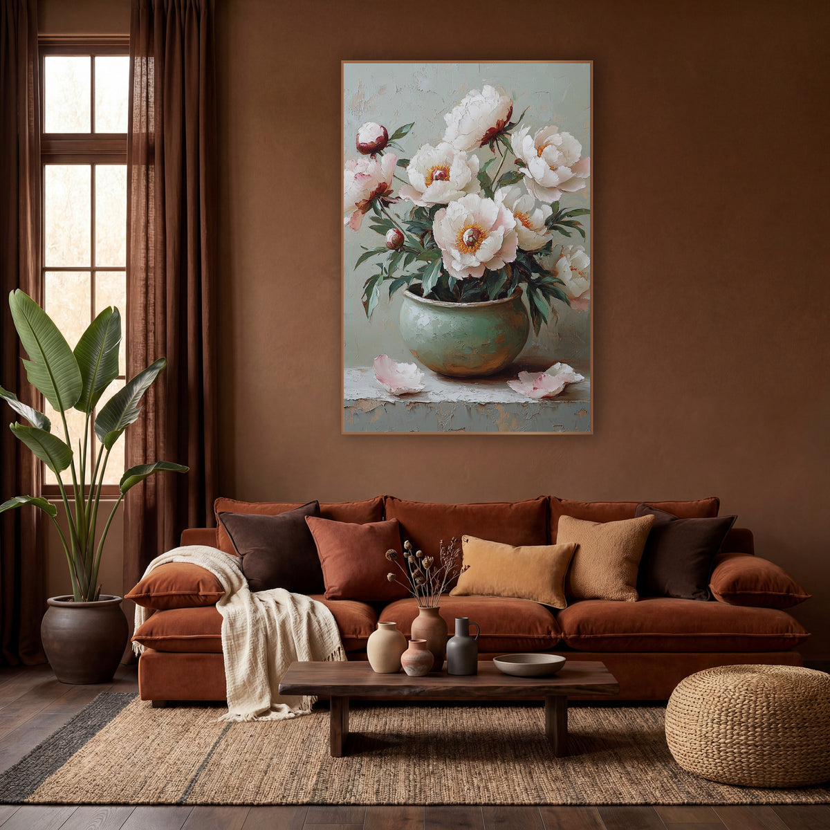 White Peonies Mint Jar Petals wall art in a warm boho-style room – white and blush peonies with orange centers