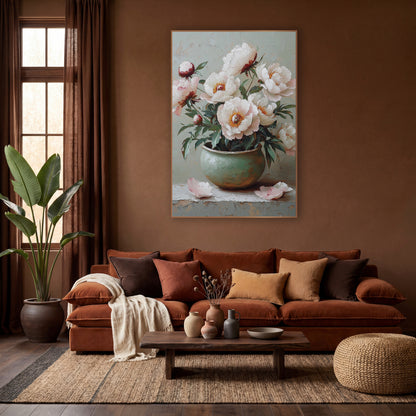 White Peonies Mint Jar Petals wall art in a warm boho-style room – white and blush peonies with orange centers