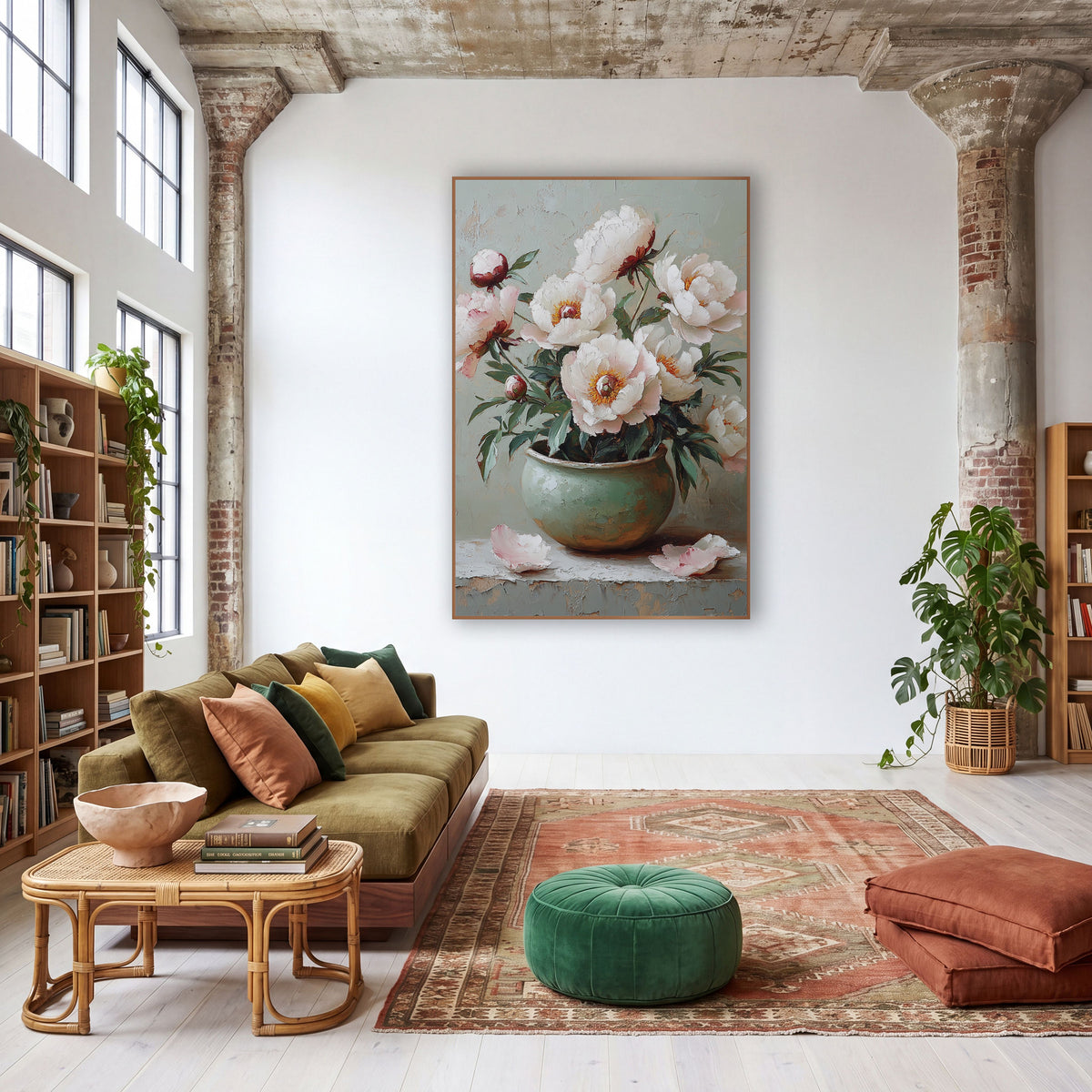 White Peonies Mint Jar Petals wall art in a warm boho-style room – white and blush peonies with orange centers