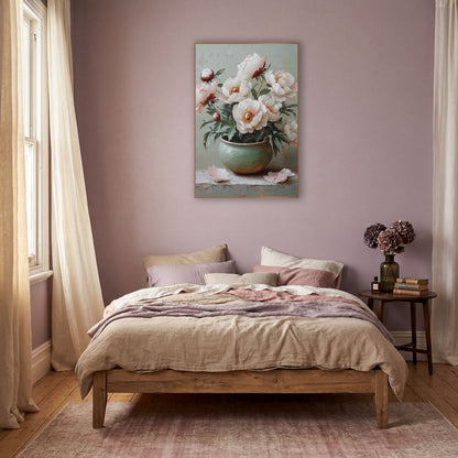 White Peonies Mint Jar Petals wall art in a warm boho-style room – white and blush peonies with orange centers