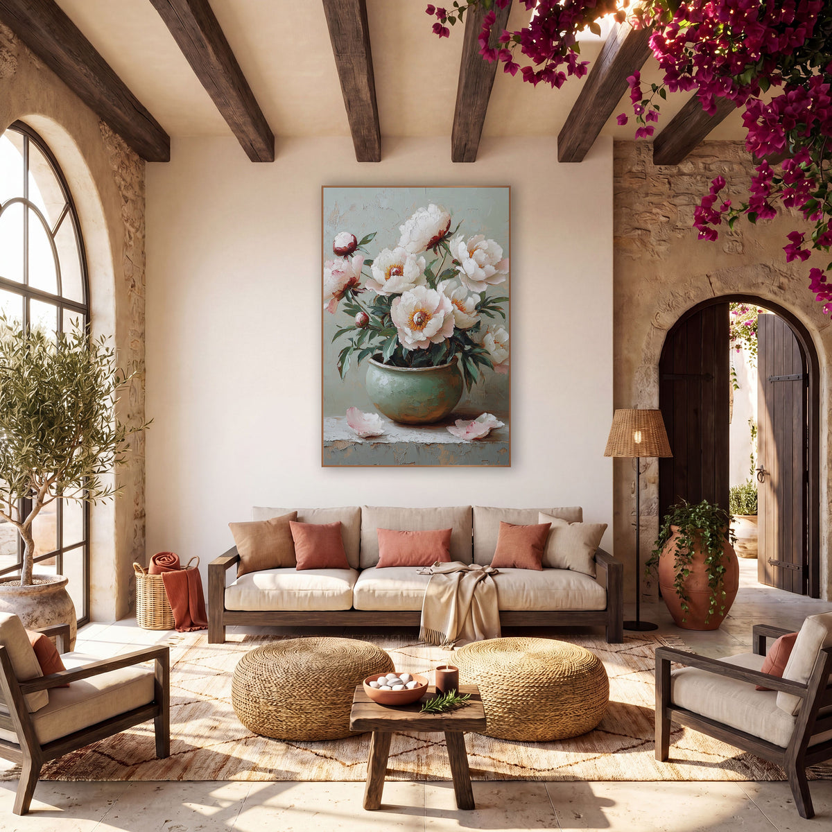 White Peonies Mint Jar Petals wall art in a warm boho-style room – white and blush peonies with orange centers