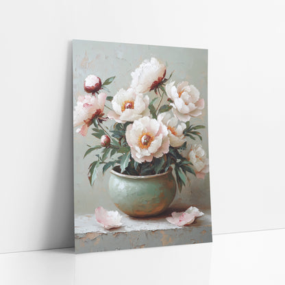 White Peonies Mint Jar Petals art print leaning against a white wall – white and blush peonies with orange centers