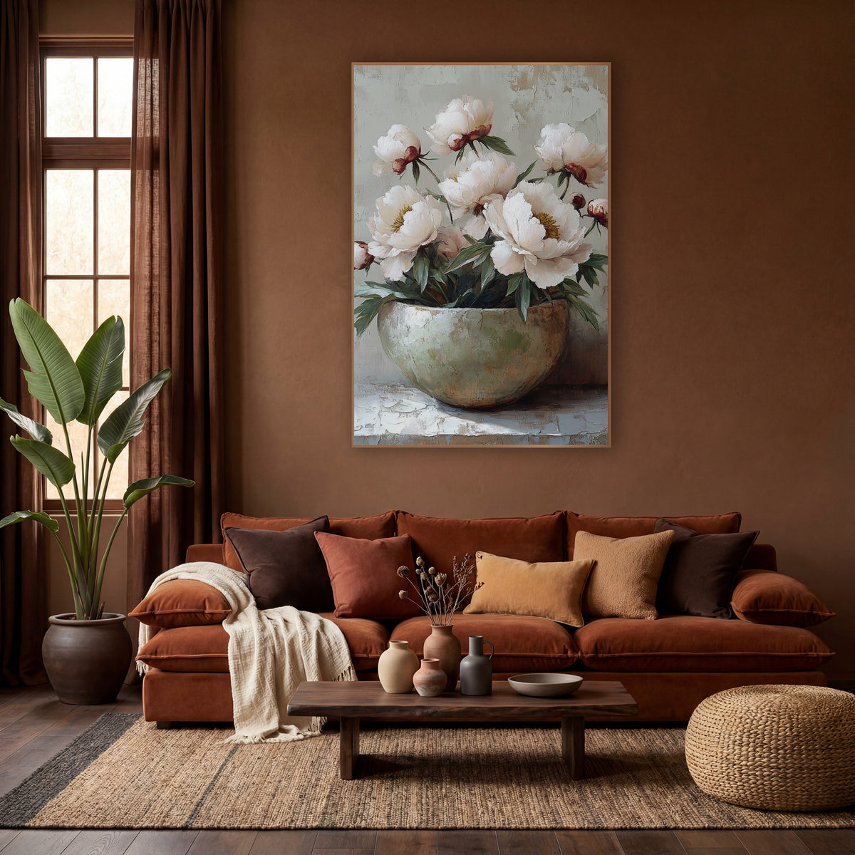 Cream Peonies Wide Bowl Plaster wall art in a warm boho-style room – blush white peonies and red buds in a pale round
