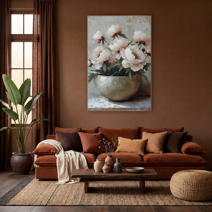 Cream Peonies Wide Bowl Plaster wall art in a warm boho-style room – blush white peonies and red buds in a pale round