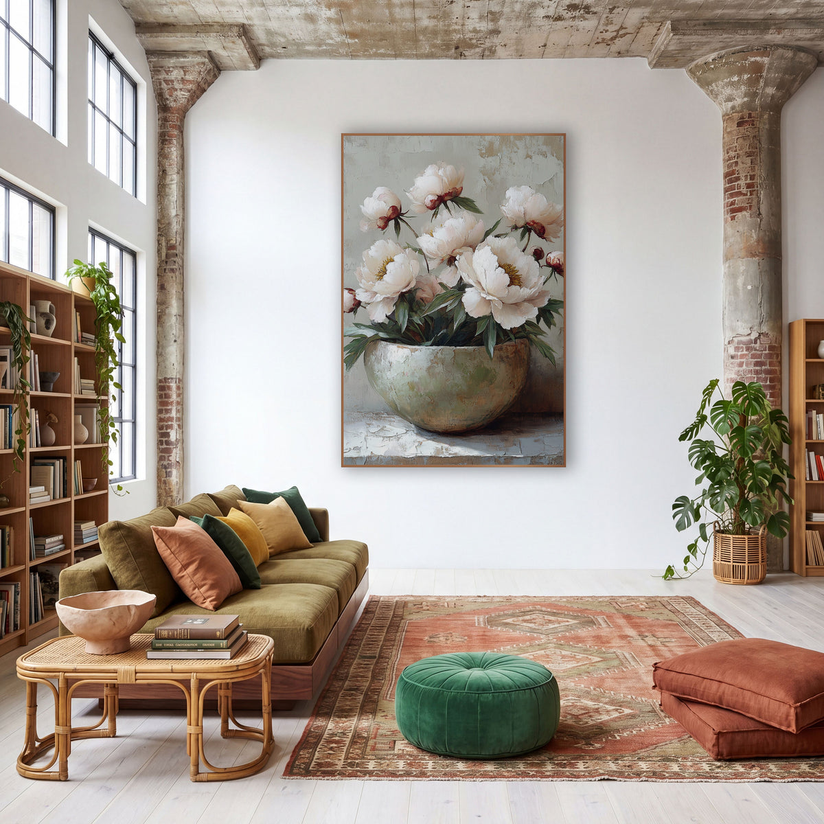 Cream Peonies Wide Bowl Plaster wall art in a warm boho-style room – blush white peonies and red buds in a pale round