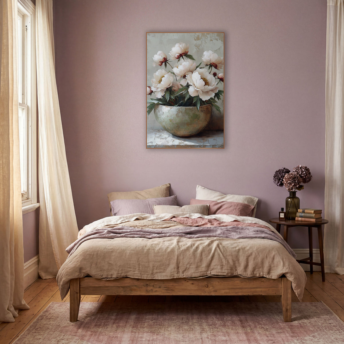 Cream Peonies Wide Bowl Plaster wall art in a warm boho-style room – blush white peonies and red buds in a pale round