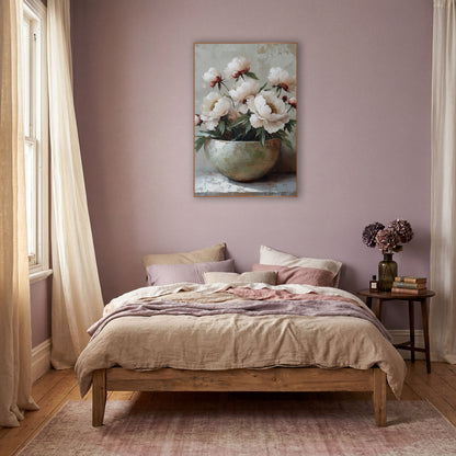 Cream Peonies Wide Bowl Plaster wall art in a warm boho-style room – blush white peonies and red buds in a pale round