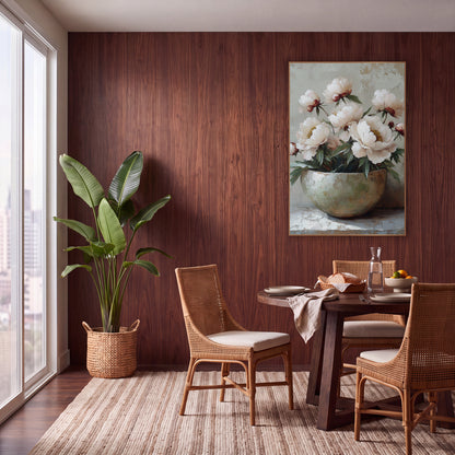 Cream Peonies Wide Bowl Plaster wall art in a warm boho-style room – blush white peonies and red buds in a pale round