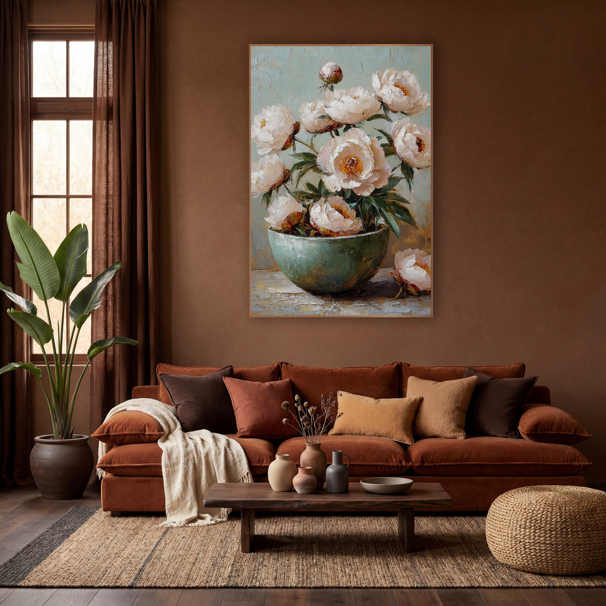 Ivory Peonies Teal Bowl Painterly wall art in a warm boho-style room – blush-white peonies with orange centers