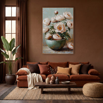 Ivory Peonies Teal Bowl Painterly wall art in a warm boho-style room – blush-white peonies with orange centers