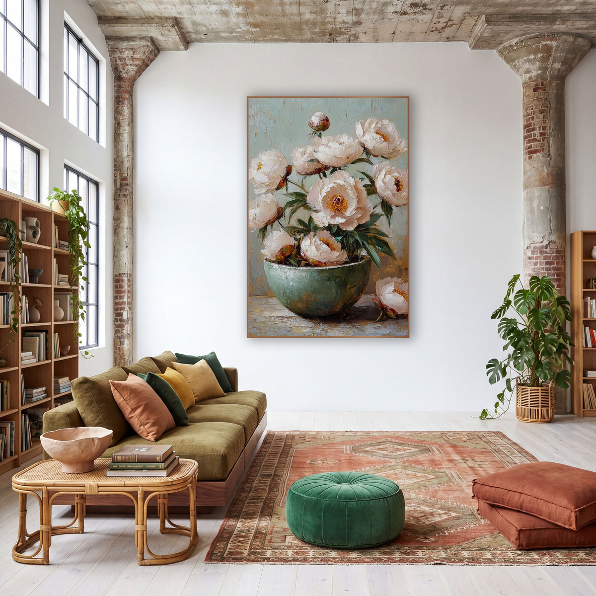 Ivory Peonies Teal Bowl Painterly wall art in a warm boho-style room – blush-white peonies with orange centers