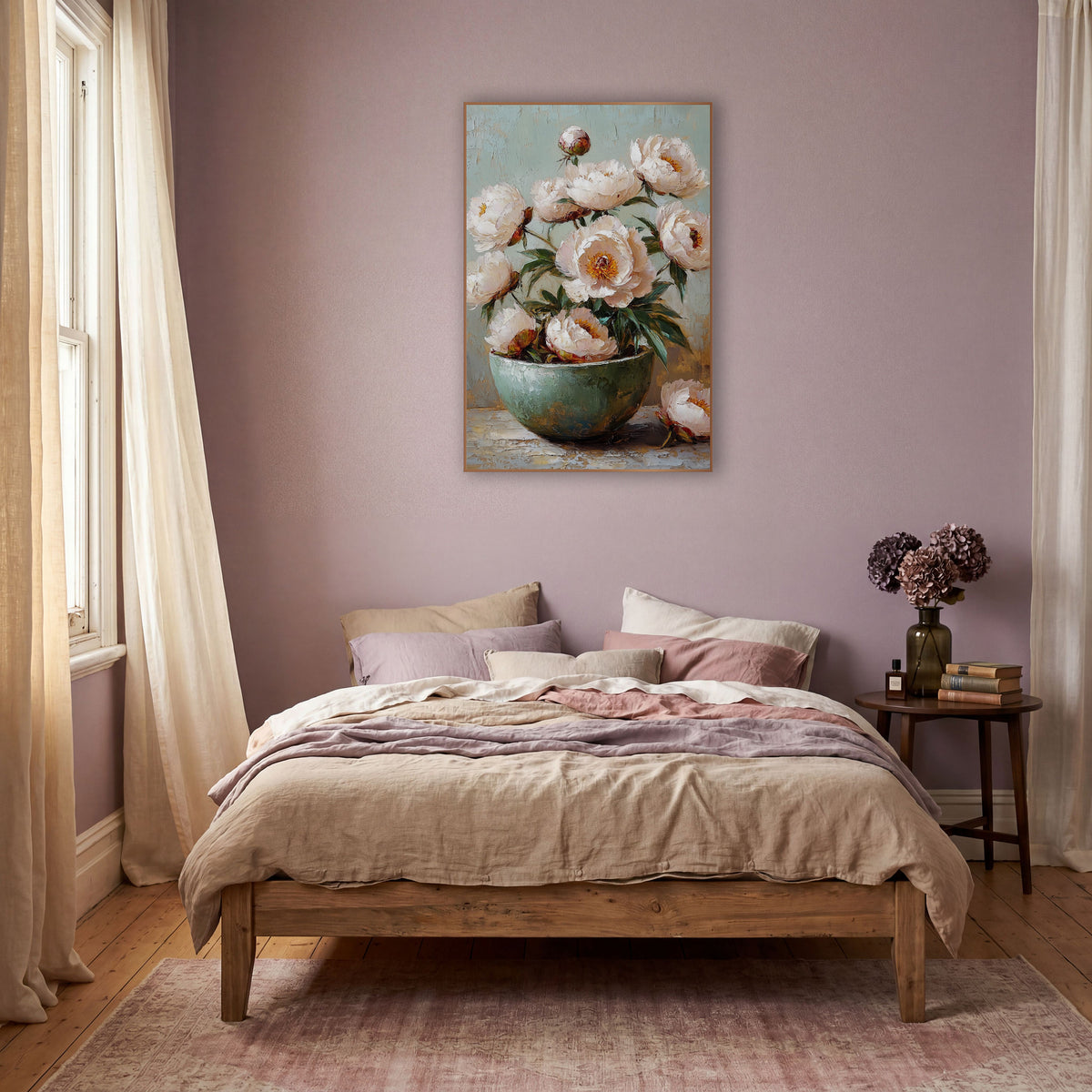 Ivory Peonies Teal Bowl Painterly wall art in a warm boho-style room – blush-white peonies with orange centers