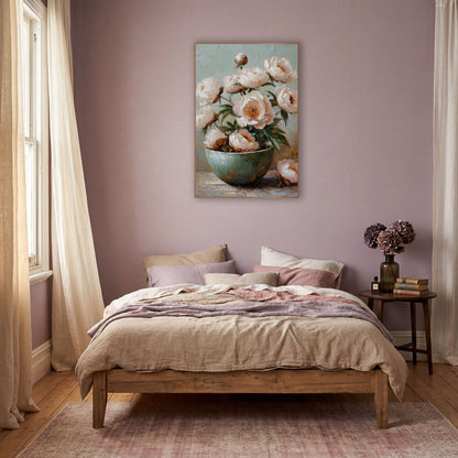 Ivory Peonies Teal Bowl Painterly wall art in a warm boho-style room – blush-white peonies with orange centers