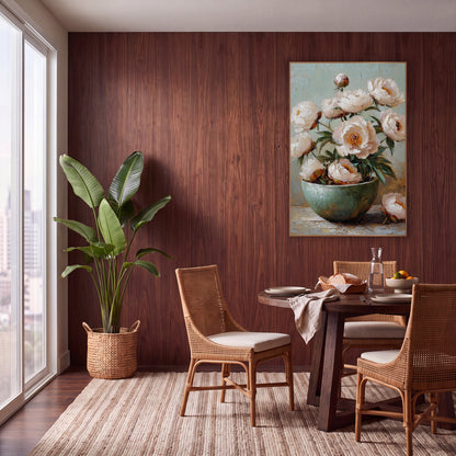 Ivory Peonies Teal Bowl Painterly wall art in a warm boho-style room – blush-white peonies with orange centers
